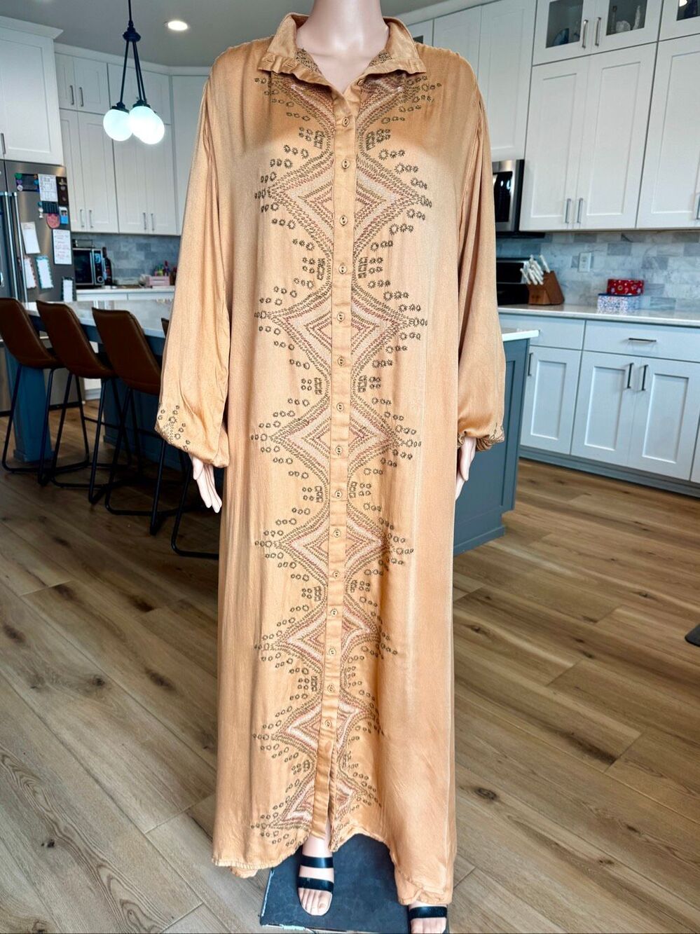 Ollari New York Embroidered Boho Maxi Shirt Dress Geometric Orange Flawed Small